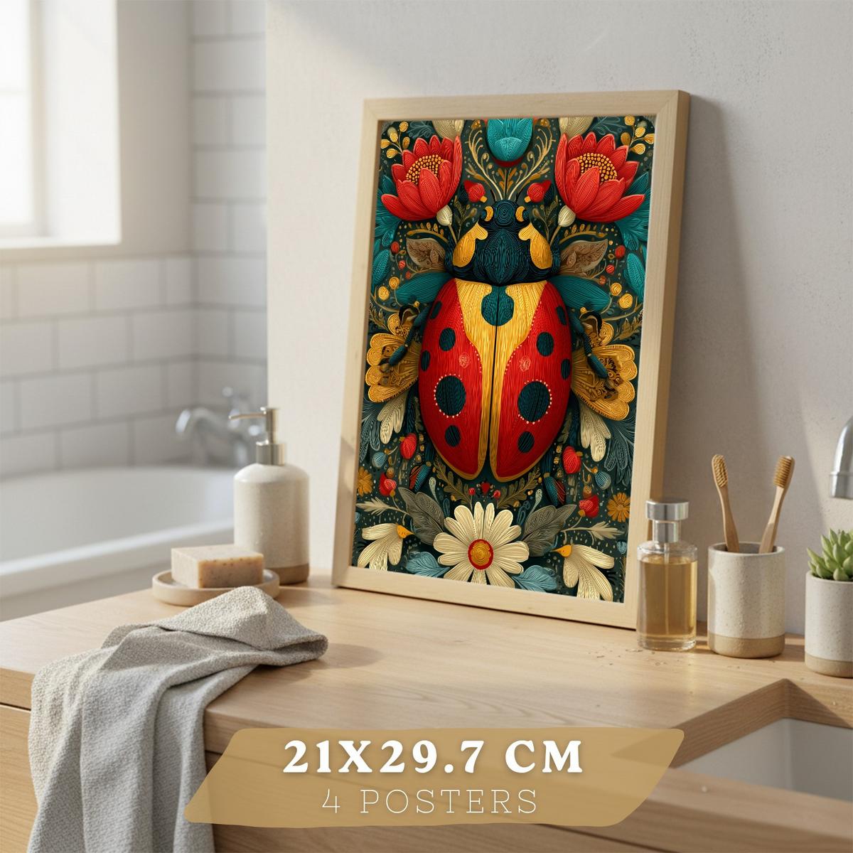 POSTER 4er-Set farbenfrohe Kunstdrucke im Folk-Art-Stil, Tiere und Blumen-Dekorationsbilder, im botanischen Stil für Wohnzimmer Leichter Holzrahmen A4 - Beige, Papier (29.7/21/3cm) - Nacnic