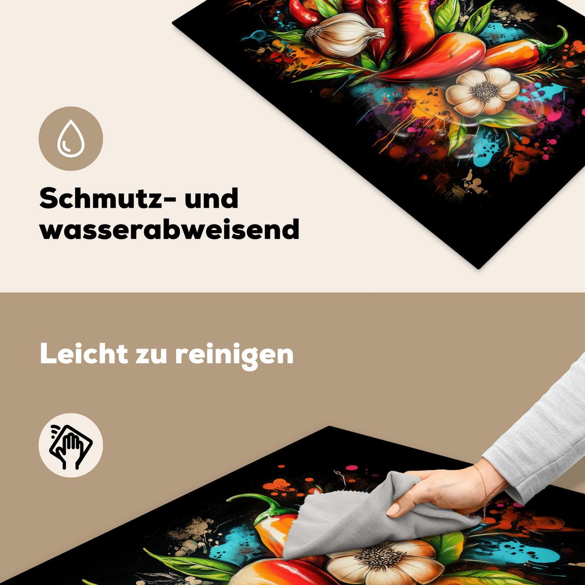 HERDABDECKPLATTE Gemüse - Paprika - Knoblauch - Graffiti - Farbe - Bunt Ceranfeldabdeckung 78x52 cm - Rot, Kunststoff (78/52/0.2cm) - MuchoWow