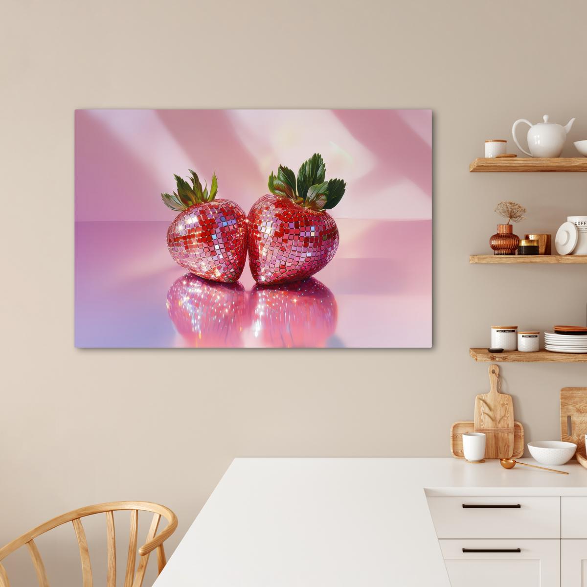 LEINWANDBILD Disco - Obst - Glitzer - Erdbeere Wohnzimmer Groß 120x80 cm - Pink, Textil (120/80cm) - MuchoWow