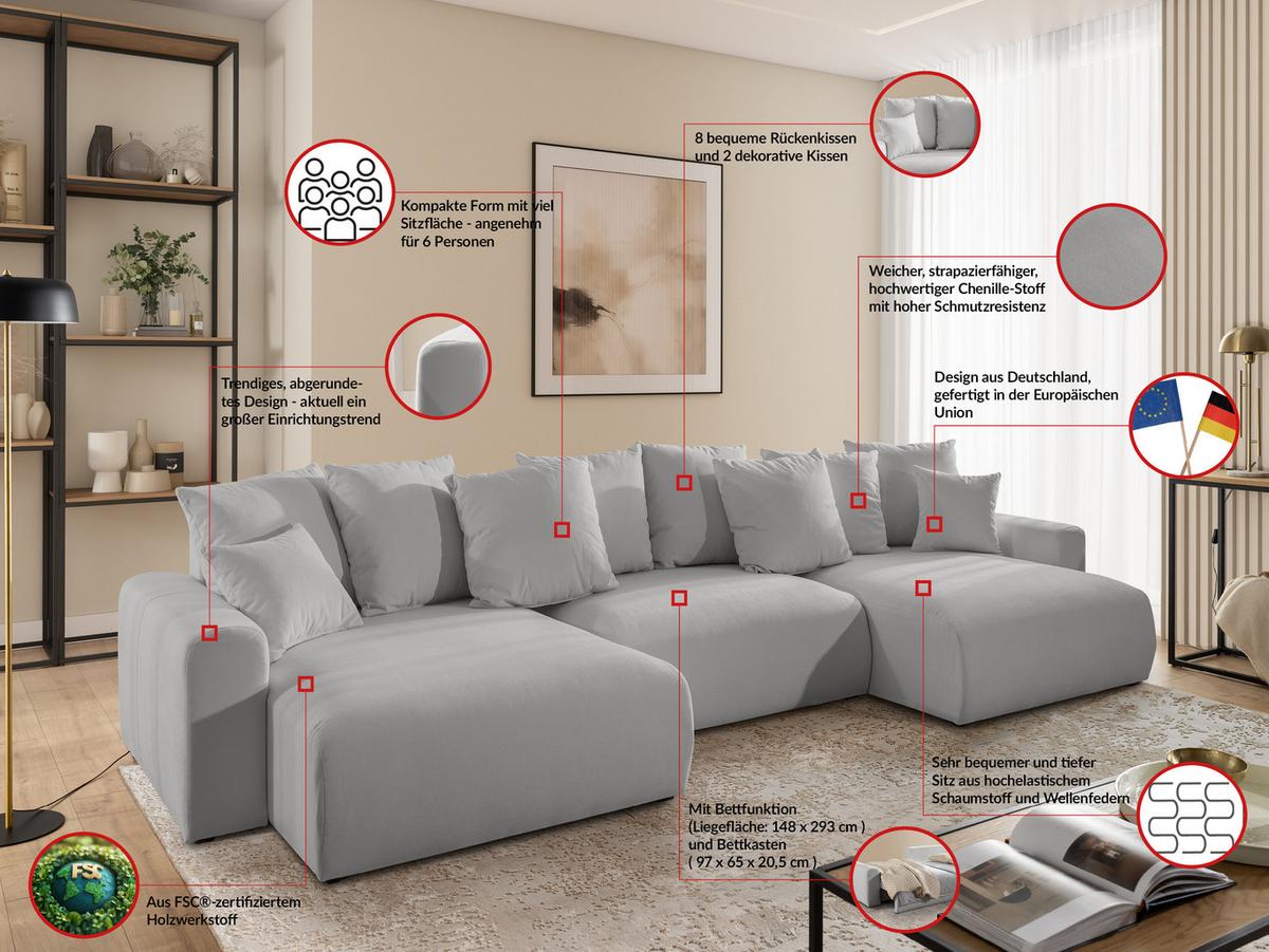 WOHNLANDSCHAFT Calma mit Schlaffunktion und Bettkasten im Bumpy-Design aus weichem Hellgrau Webstoff - Hellgrau/Schwarz, Holz/Textil (336/88/140cm) - S-Style