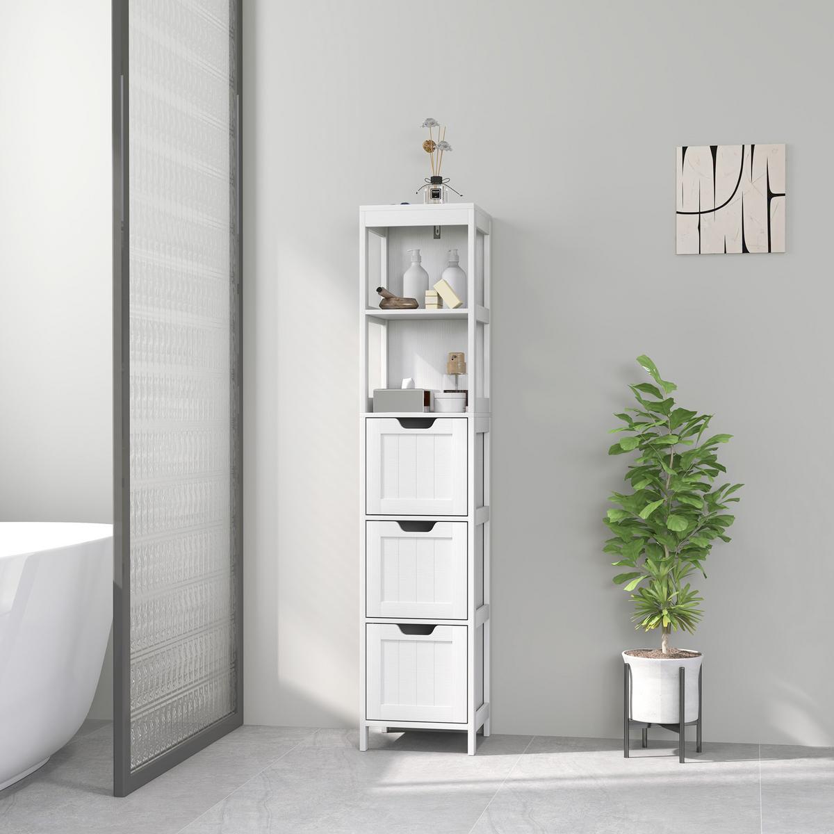 BADEZIMMERSCHRANK Badschrank Bad Hochschrank mit 3 Schubladen, 2 offenen Fächern - Weiß, Holz (30/142.4/30cm) - HOMCOM