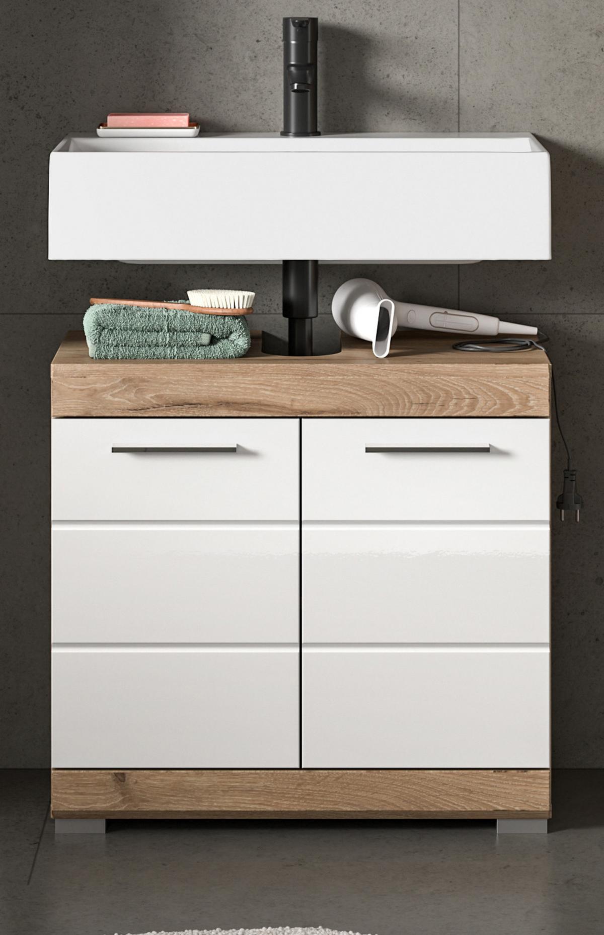 WASCHBECKENUNTERSCHRANK weiß Hochglanz, Eiche 60 cm, 2-türig - Chromfarben/Weiß Hochglanz, Holzwerkstoff/Kunststoff (60/56/31cm) - Inn.Furn