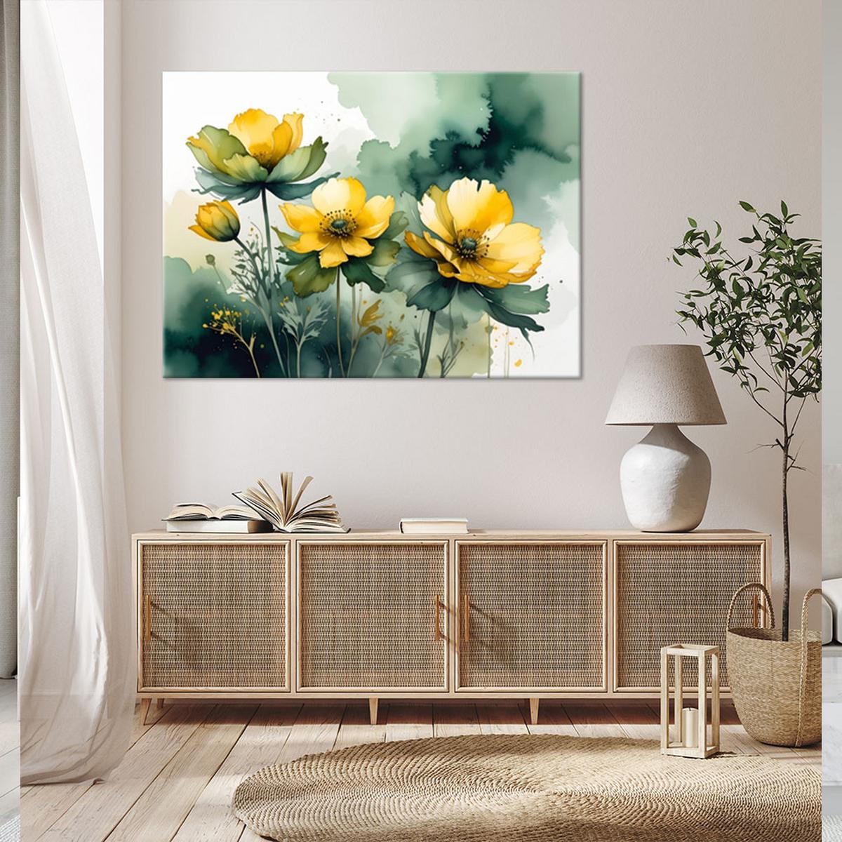 WANDBILD, Gelbe Frühlingsblumen auf einem zartgrünen Hintergrund - Grün, Textil (60/40cm) - Feeby