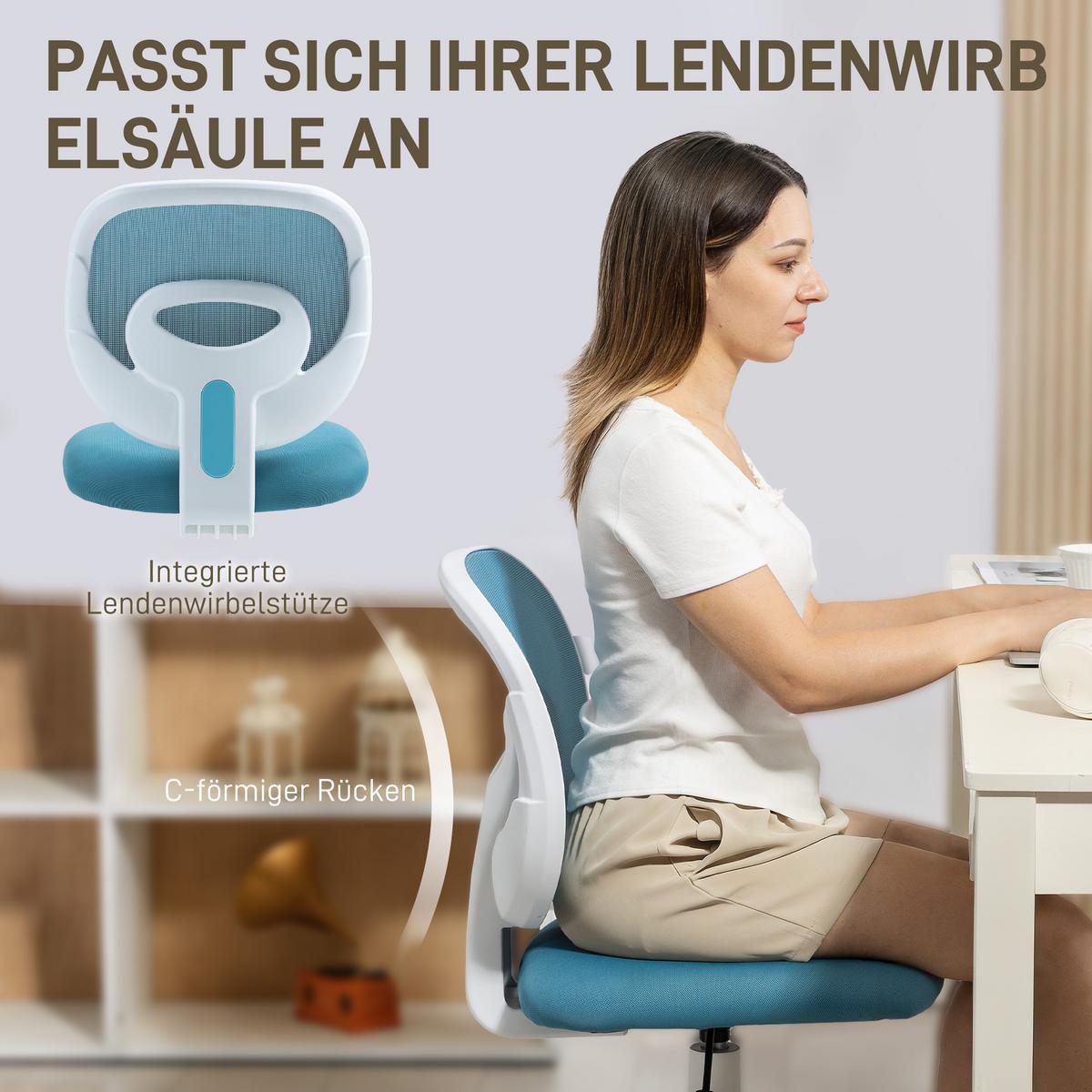 BÜROSTUHL Ergonomischer Schreibtischstuhl mit C-förmiger Rückenstütze, Blau - Blau/Weiß, Kunststoff/Textil (53/89/59.5cm) - HOMCOM