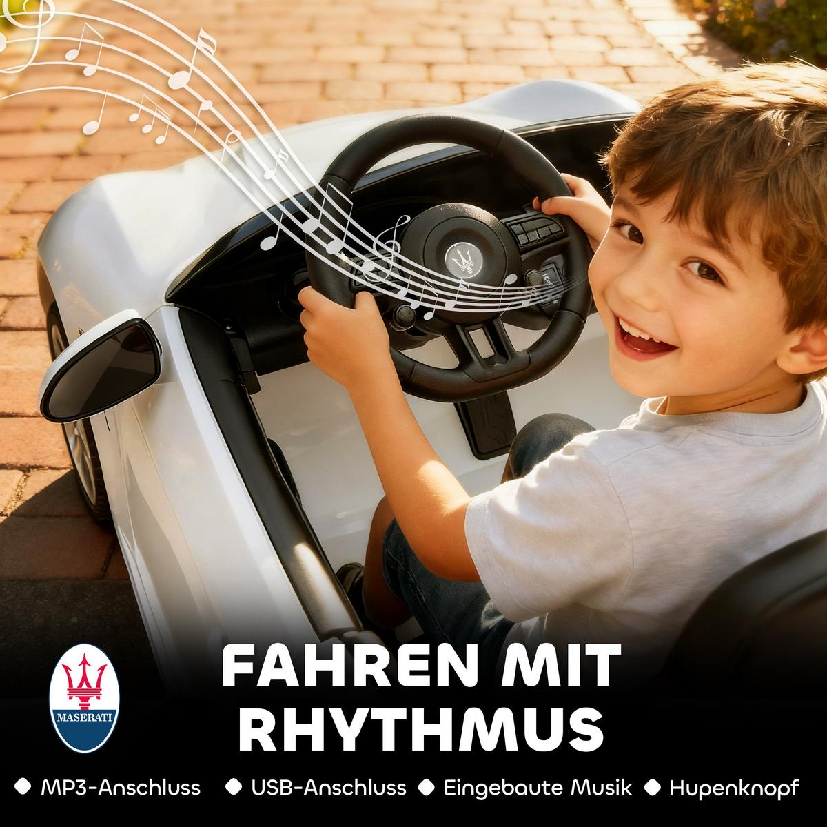 MASERATI Kinder-Elektroauto Metall Kunststoff Weiß - Weiß, Metall (120/72/50cm) - AIYAPLAY