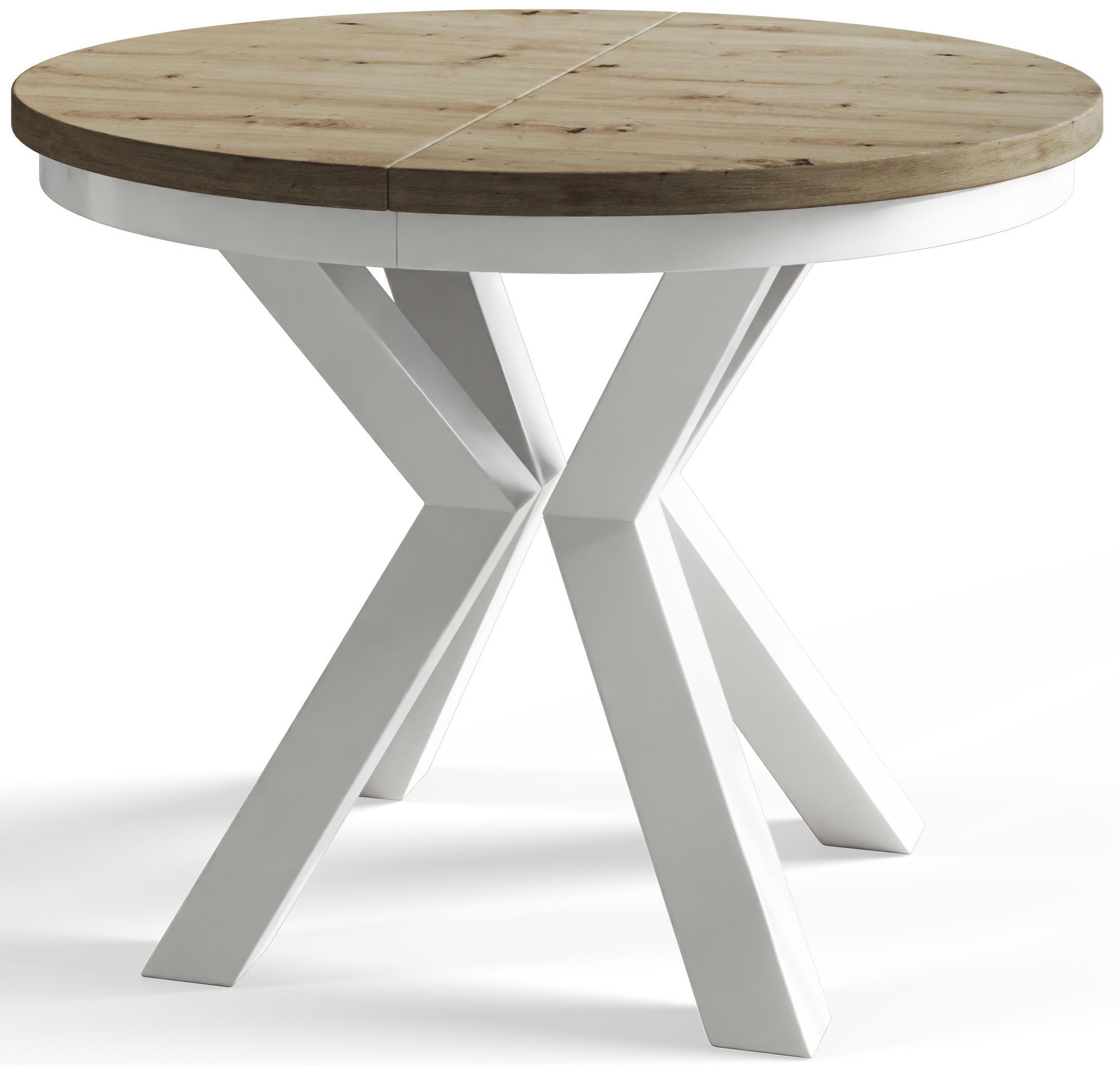 RUNDER Esszimmertisch LOFT, ausziehbarer Tisch Durchmesser: 100 cm/180 cm, Wohnzimmertisch Farbe: Mattbraun, mit Metallbeinen in Farbe Weiß - Hellbraun/Weiß, Holzwerkstoff (100/100/76cm) - Alpi-Möbel