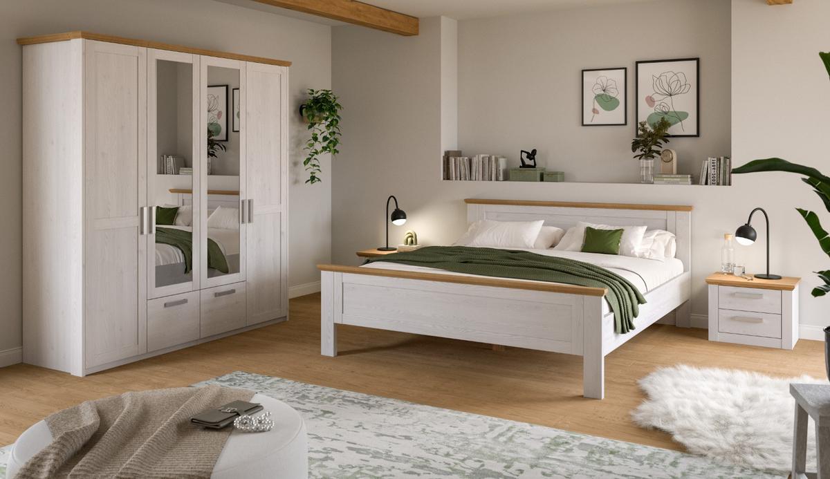 SCHLAFZIMMER weiß Lärche, Eiche Artisan Landhaus, Komplettset mit Bett, Kleiderschrank und 2x Nachttisch - Eichefarben/Silberfarben, Holzwerkstoff/Kunststoff (180/200cm) - Inn.Furn