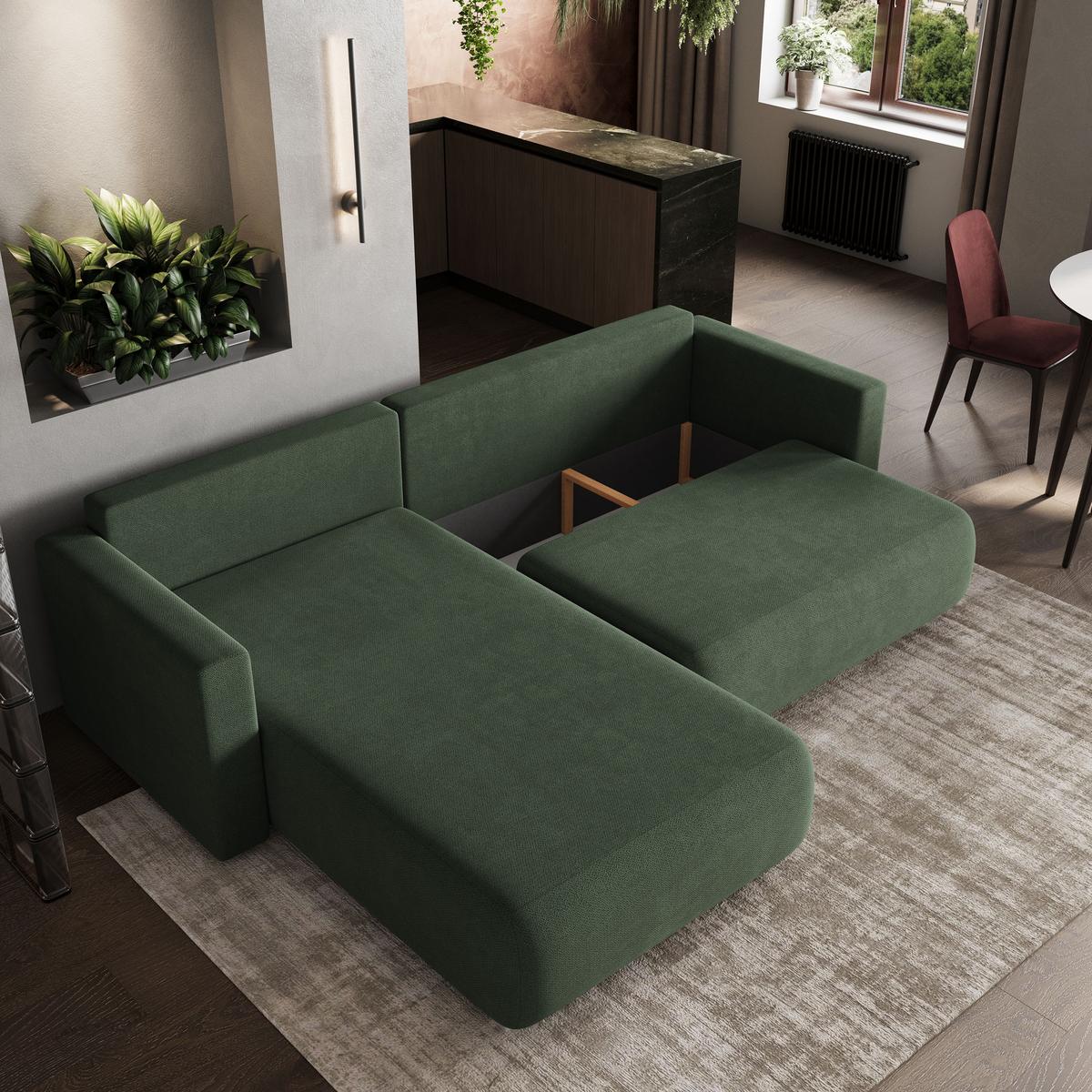 ECKSOFA TURIN Grün Geflochtener Stoff mit Schlaffunktion - Grün, Holz (265/183cm) - MASSENO
