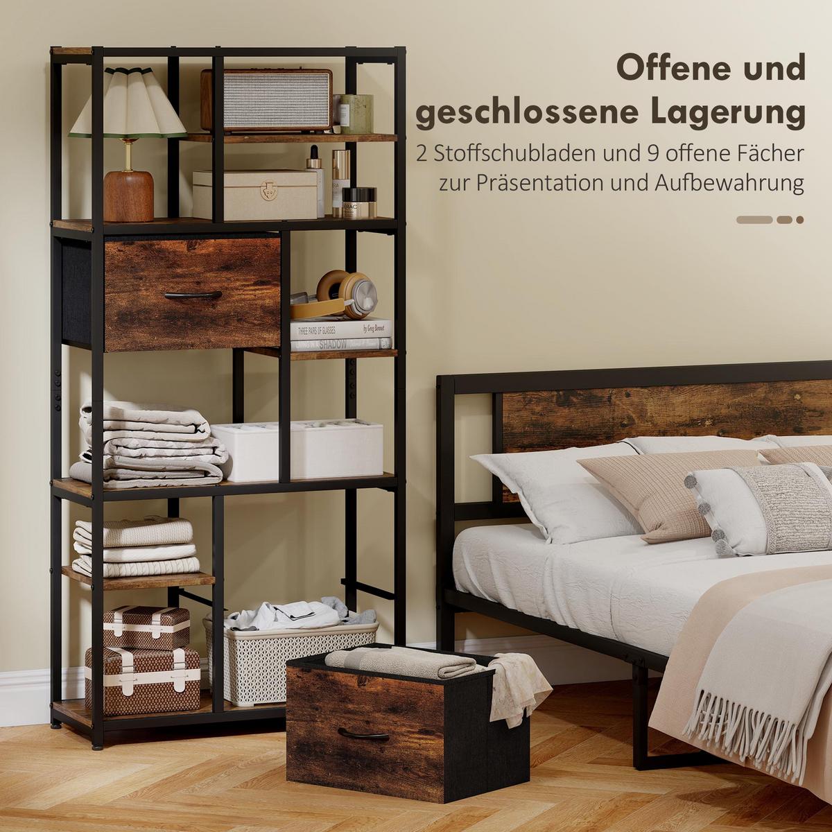 STANDREGAL mit 2 Stoffschubladen 9 offenen Fächern Braun - Dunkelbraun/Schwarz, Holzwerkstoff/Metall (30/150/72.5cm) - HOMCOM