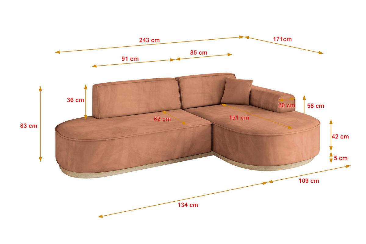 ECKSOFA Ottomane Rechts MARI-L1-v1 - 243x171x83 cm Orange Velours - Orange, Holzwerkstoff/Textil (171/243cm) - ALTDECOR
