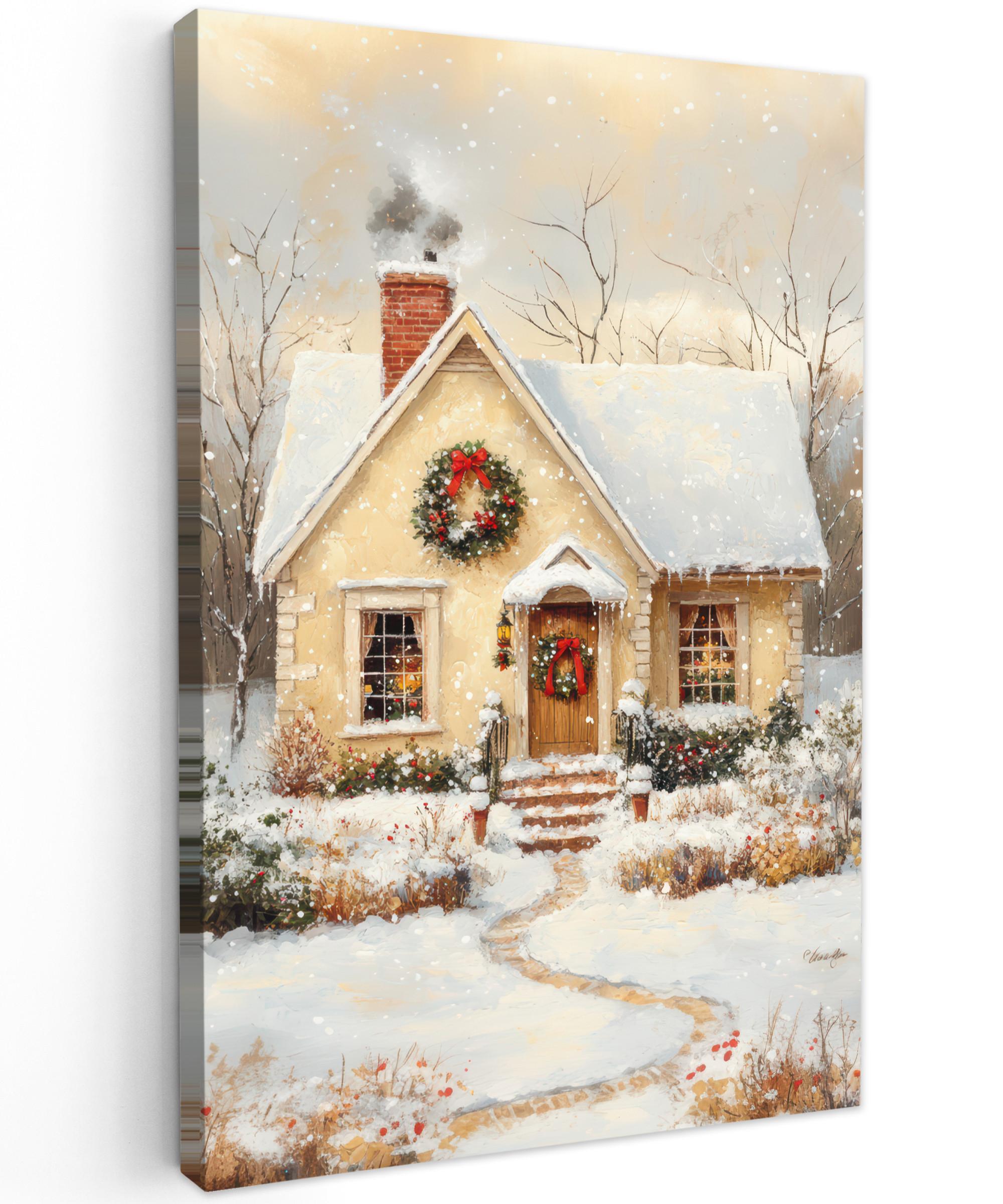 LEINWANDBILD Weihnachten - Zuhause - Winter - Schnee Wanddeko Schlafzimmer 60x90 cm - Creme, Textil (60/90cm) - MuchoWow