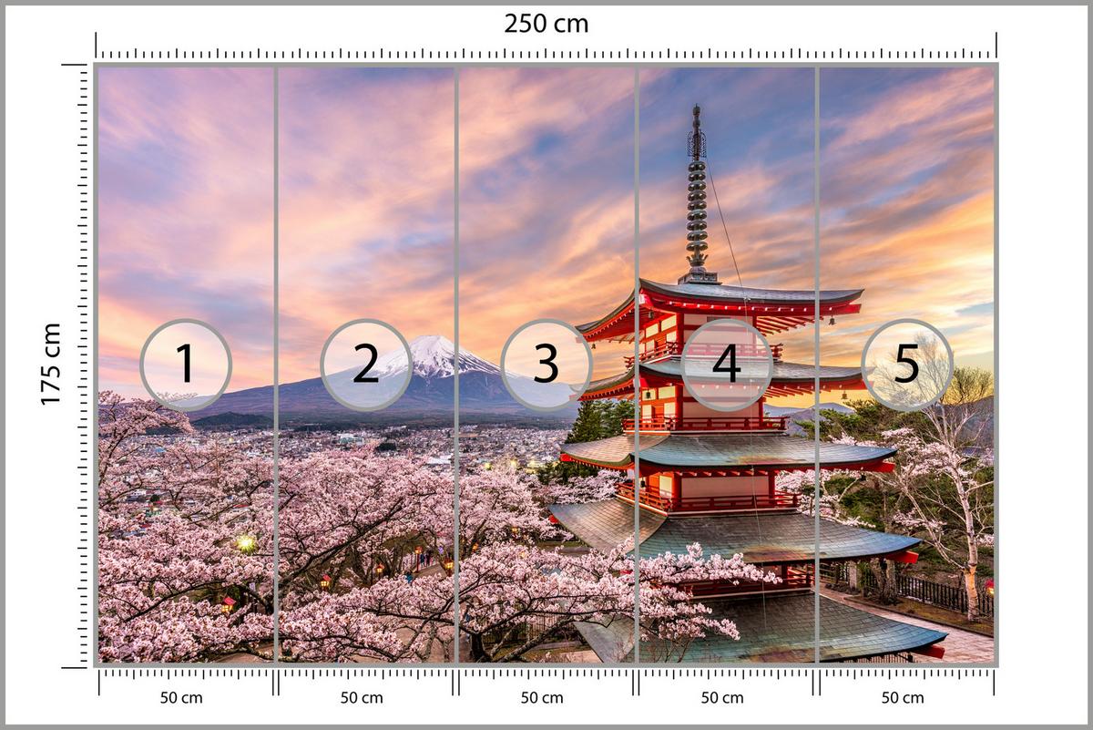 FOTOTAPETE für Wohnzimmer Japanische Pagode Frühling Sonnenuntergang 250x175 - Rot/Violett, Papier (250/175cm) - Muralo