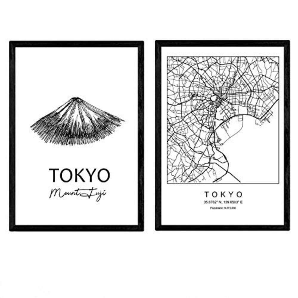 POSTER Set Mit 2 Städte Denkmäler Tokyo Mount Fuji A4 Schwarzer Rahmen - Schwarz, Papier (29.7/5/21cm) - Nacnic
