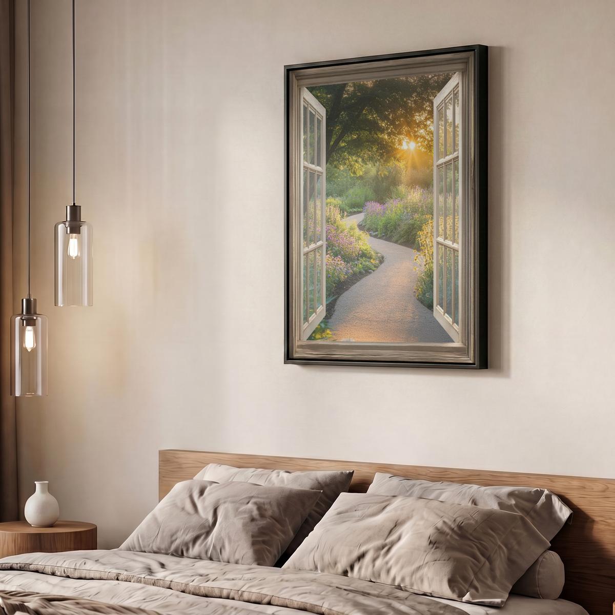 LEINWAND Bilder mit Rahmen - Aussicht - Blumen - Natur - Sonne - Weg - 60x80 - Hellgelb, Textil (60/80cm) - MuchoWow