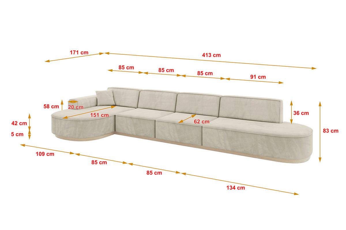 ECKSOFA Ottomane Links MARI-L3-v1 - 413x171x83 cm Ecru Velours - Ecru, Holzwerkstoff/Textil (413/171cm) - ALTDECOR