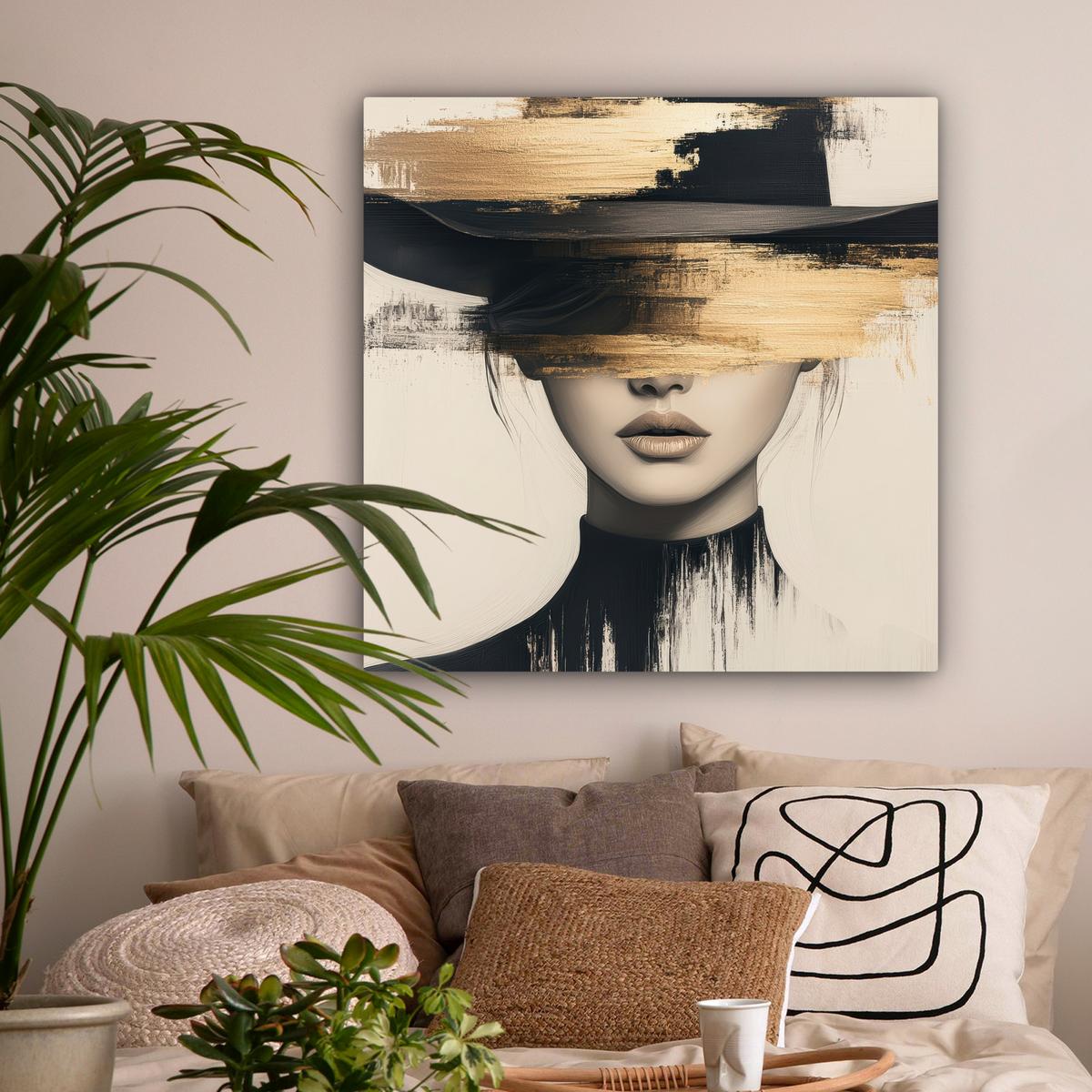 LEINWANDBILD Frau - Hut - Farbe Deko Groß 90x90 cm - Goldfarben, Textil (90/90cm) - MuchoWow