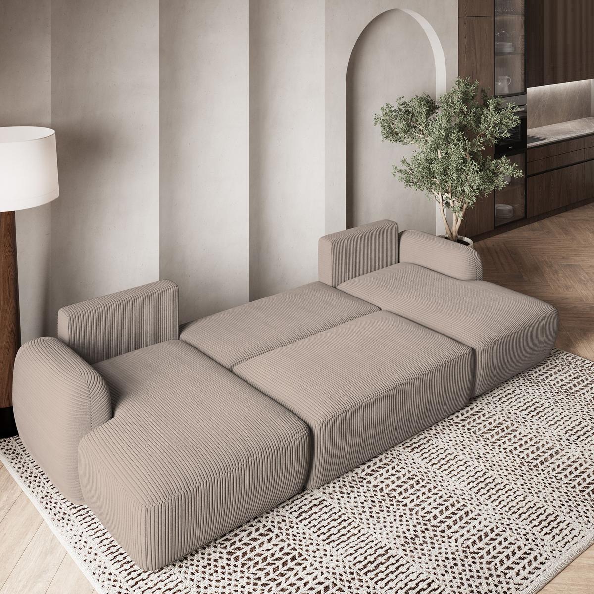 WOHNLANDSCHAFT SAVONA P Beige Kordstoff mit Schlaffunktion - Beige/Schwarz, Holz/Kunststoff (320/90/148cm) - MASSENO