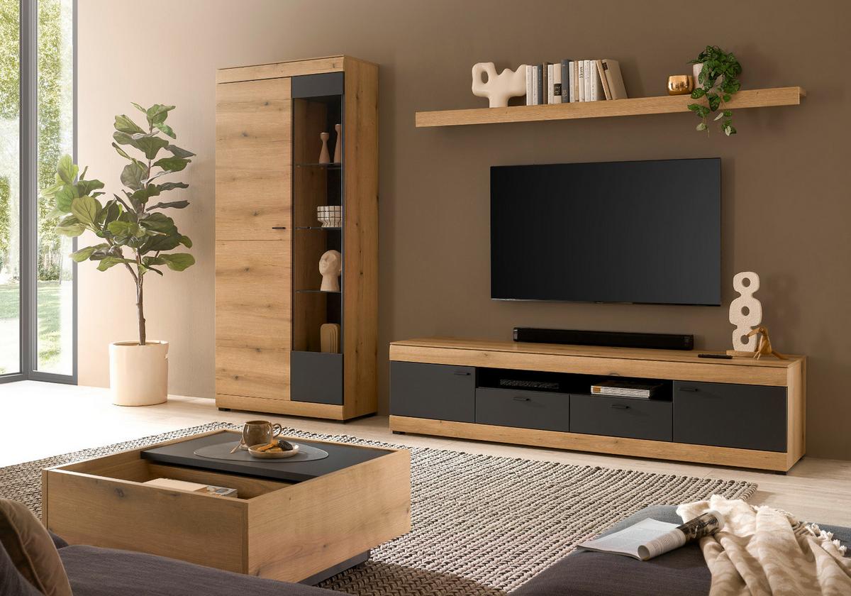 TV-LOWBOARD in Eiche, grau 200 cm, TV Unterschrank XXL mit Soft-Close - Kaschmir/Eichefarben, Holzwerkstoff/Kunststoff (200/48/45cm) - Furn.Design