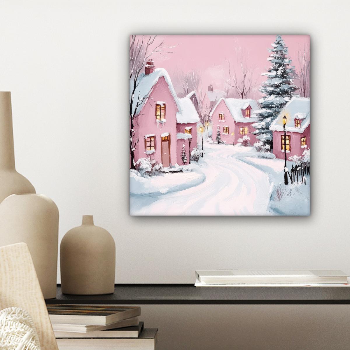 LEINWANDBILD Weihnachtsdorf - Rosa - Winter - Schnee - Häuser Deko Wohnzimmer 20x20 cm - Altrosa, Textil (20/20cm) - MuchoWow