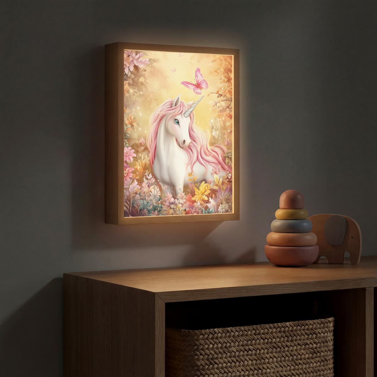 NACHTTISCHLAMPE MIT AKKU Einhorn - Blumen - Schmetterling - Rosa 30x40 cm - Beige, Holzwerkstoff (8/30/40cm) - OnlyWow