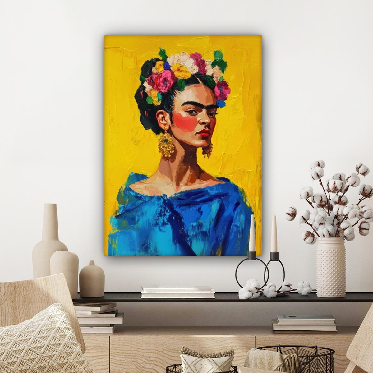 LEINWANDBILD Frida Kahlo - Frau - Gelb - Blau - Blumen Wandbild Wohnzimmer 60x80 cm - Gelb, Textil (60/80cm) - MuchoWow