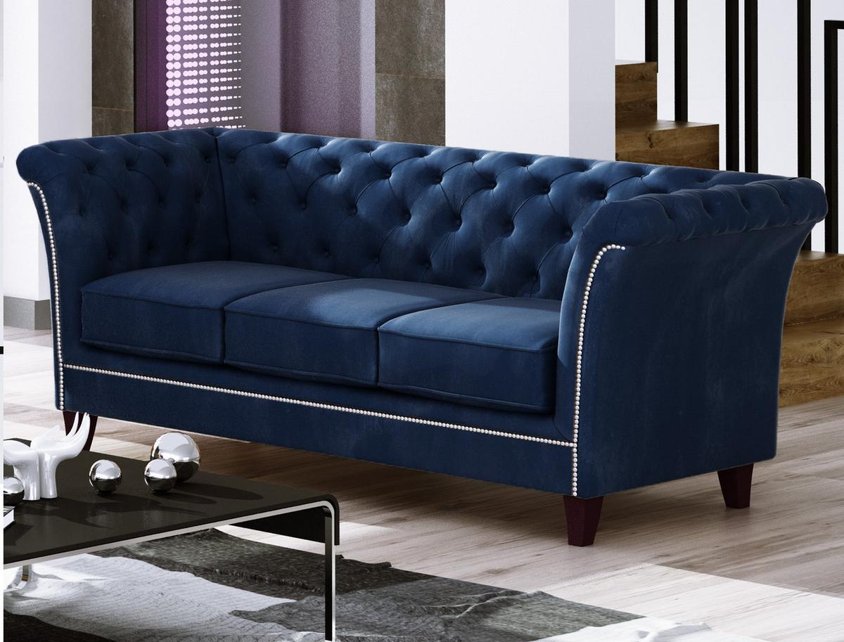 SITZGARNITUR 3+2+1 Chesterfield Fusion Blau Samt - Blau/Braun, Holz/Textil (237/75/82cm) - S-Style Möbel