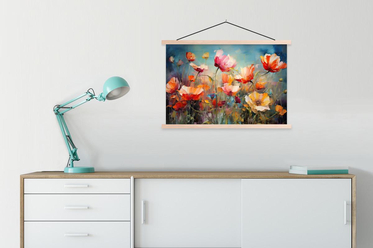 POSTER MIT MAGNETLEISTEN Blumen - Aquarell - Kunst - Botanisch - Natur Wanddeko 90x60 cm - Orange, Textil (90/60/0.15cm) - MuchoWow