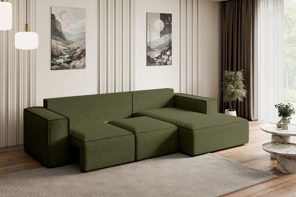ECKSOFA mit Schlaffunktion und Bettkasten SERRA-L-S - 266x161x87 cm Grün Bouclé - Schwarz/Grün, Holzwerkstoff/Kunststoff (266/161cm) - ALTDECOR