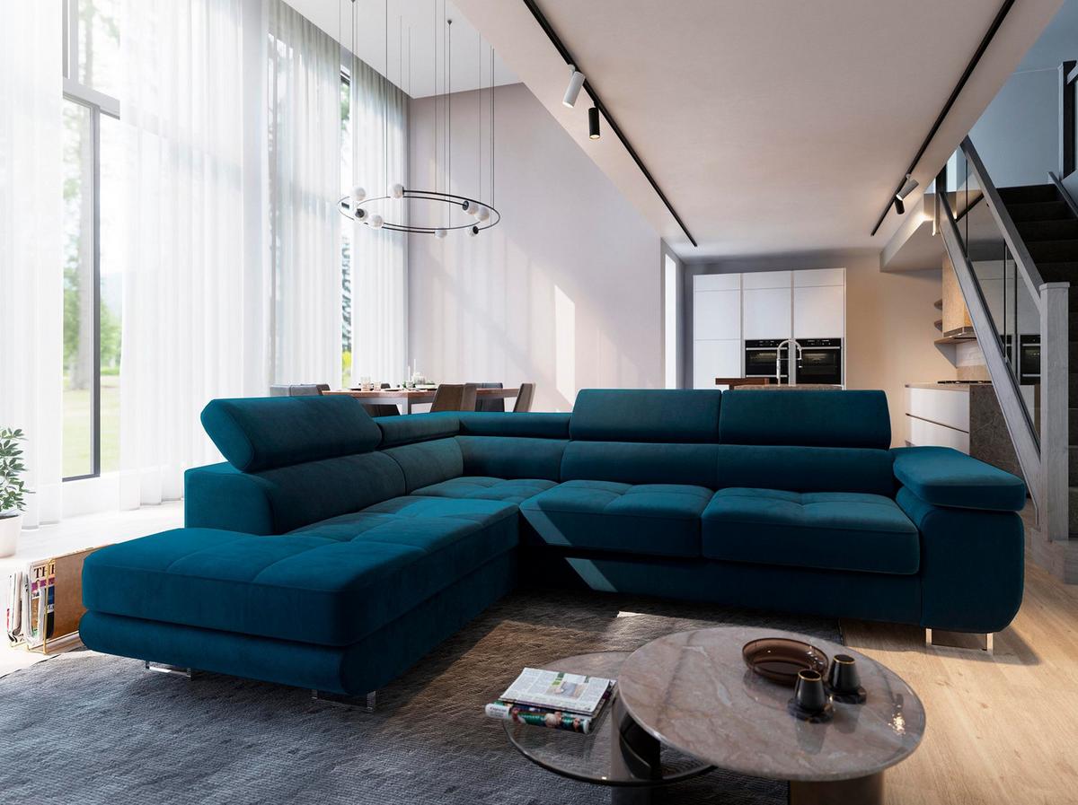 ECKSOFA SELVA L-S Blau Velours-Stoff mit Schlaffunktion - Blau/Silberfarben, Holz/Holzwerkstoff (275/202cm) - MASSENO