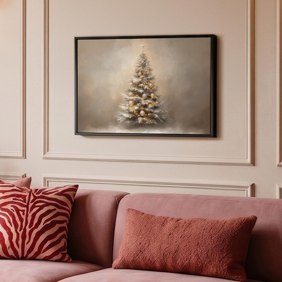 LEINWAND Bilder mit Rahmen - Weihnachten - Weihnachtsbaum - Schnee - Kunst - 60x40 - Champagner, Textil (60/40cm) - MuchoWow