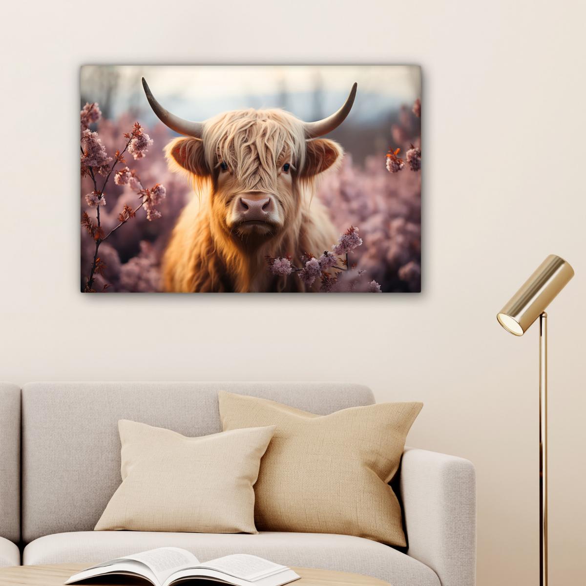 LEINWANDBILD Schottischer Hochländer - Frühling - Hochland Wanddeko 90x60 cm - Hellrosa, Textil (90/60cm) - MuchoWow