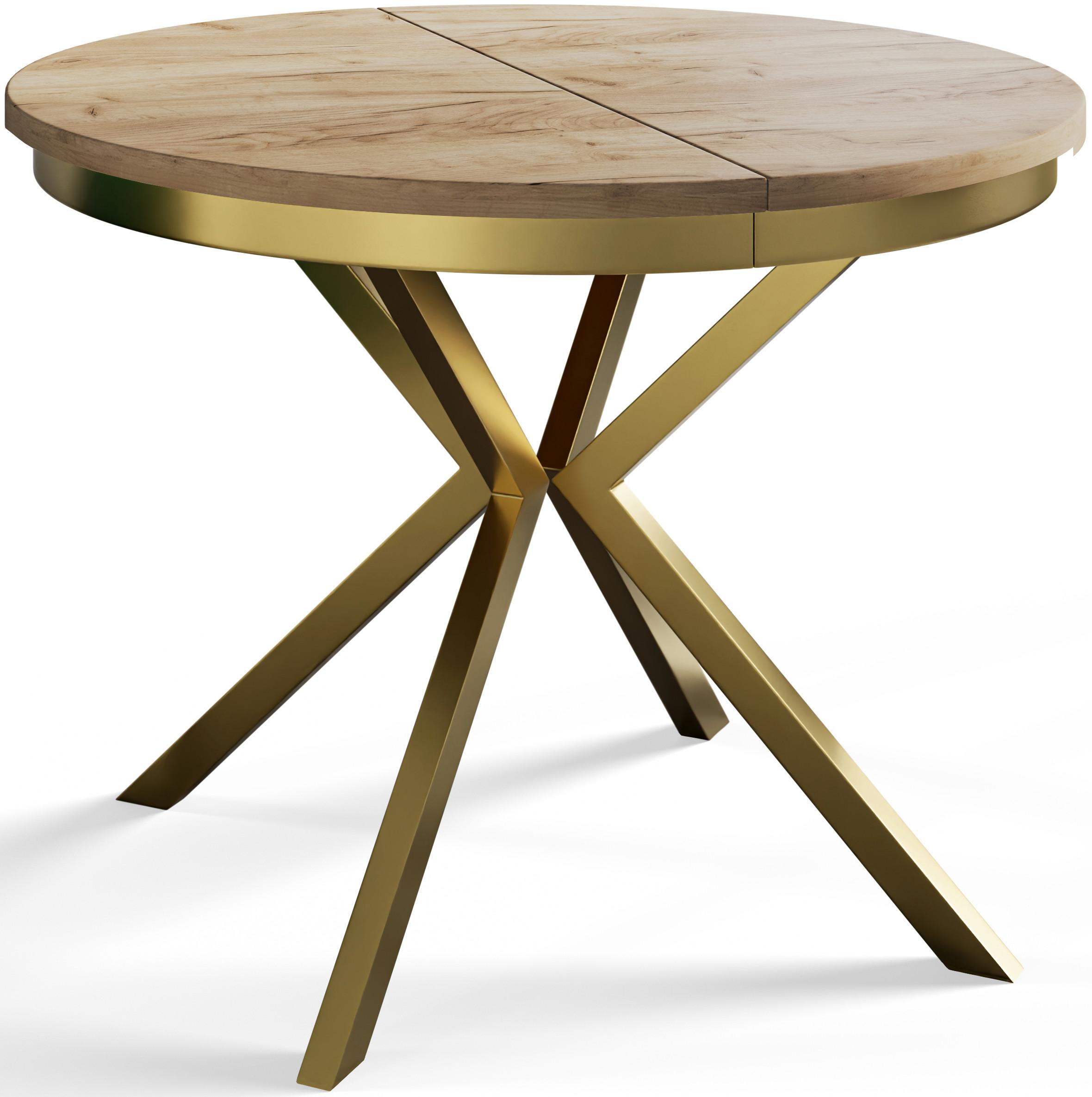 RUNDER Esszimmertisch BERGO, ausziehbarer Tisch Durchmesser: 90 cm/170 cm, Wohnzimmertisch Farbe: Braun, mit Metallbeinen in Farbe Gold - Goldfarben/Braun, Holzwerkstoff (90/90/76cm) - Alpi-Möbel