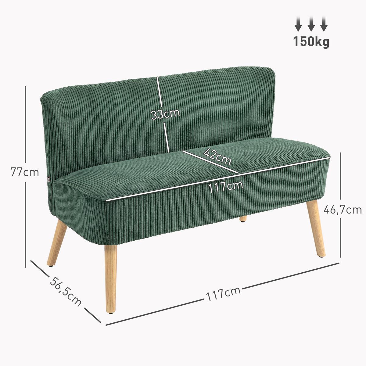 2 Sitzer Sofa, Gepolsterte Couch mit Kordoptik, Holzbeine für Wohnzimmer, Grün - Waldgrün/Naturfarben, Holz/Textil (56.5/77/117cm) - HOMCOM