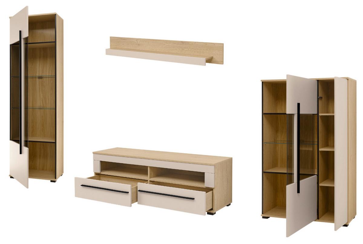 WOHNWAND Kaschmir, Eiche 4-teilig 310 cm, Wohnzimmerschränke mit Soft-Close - Kaschmir/Eichefarben, Glas/Holzwerkstoff (310/200/42cm) - Furn.Design