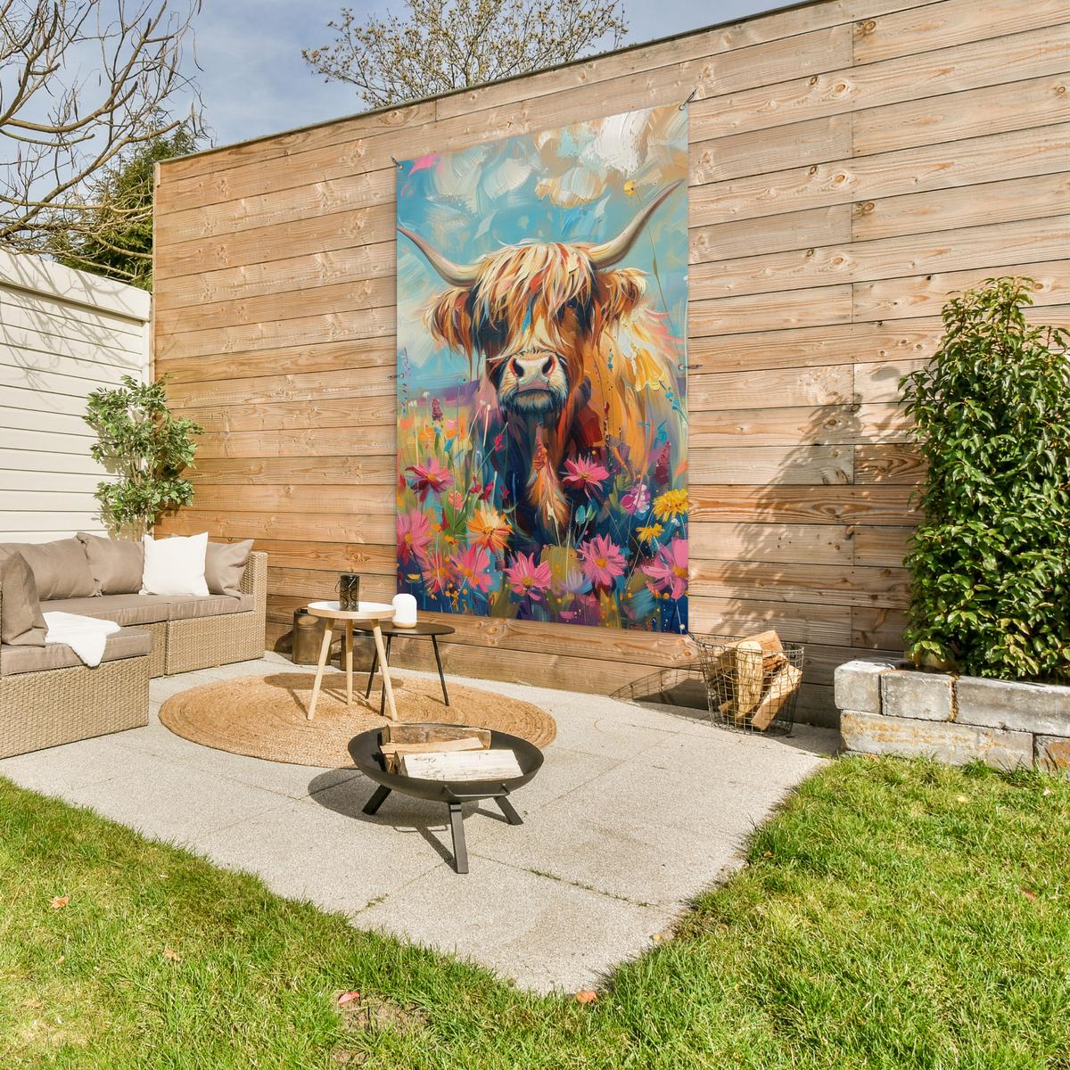 GARTENPOSTER Schottische Hochländer - Natur - Farbenfroh - Blumen Bild 120x180 cm - Hellblau, Kunststoff (120/180/0.2cm) - OnlyWow