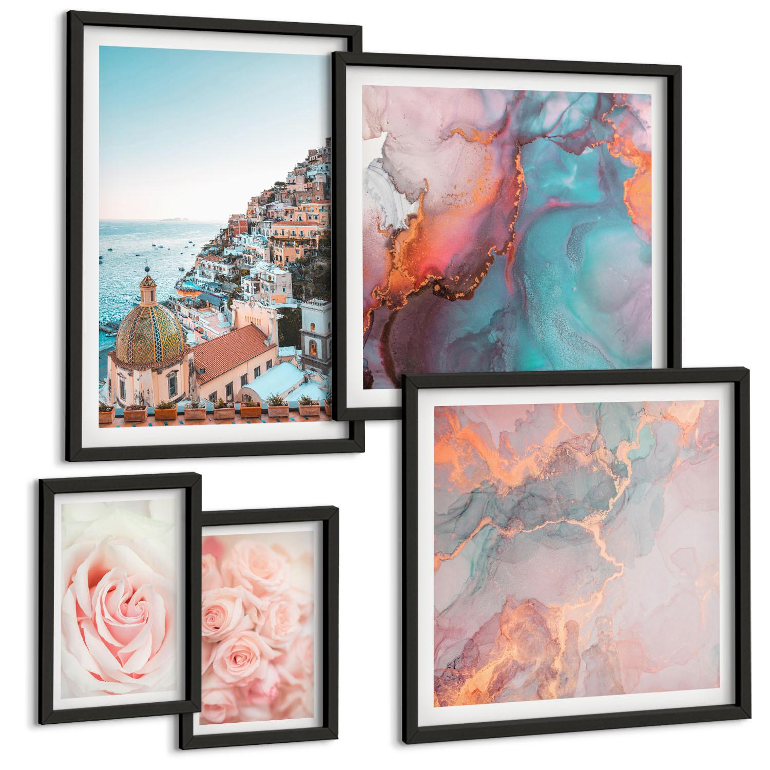BILDER SET 5er Set - 50x50 cm & 20x30 cm & 40x60 cm Schwarzer Rahmen - Abstrakte Pastellmuster - Schwarz, Kunststoff (40/60cm) - TULUP