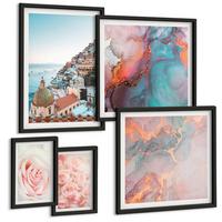 BILDER SET 5er Set - 50x50 cm & 20x30 cm & 40x60 cm Schwarzer Rahmen - Abstrakte Pastellmuster - Schwarz, Kunststoff (40/60cm) - TULUP