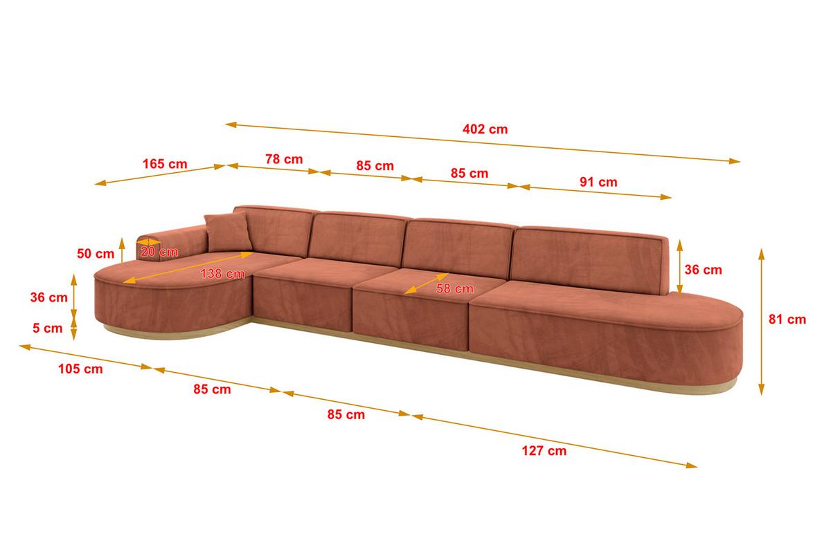 ECKSOFA Ottomane Links MARI-L3-v2 - 413x171x83 cm Koralle Velours - Koralle, Holzwerkstoff/Textil (413/171cm) - ALTDECOR