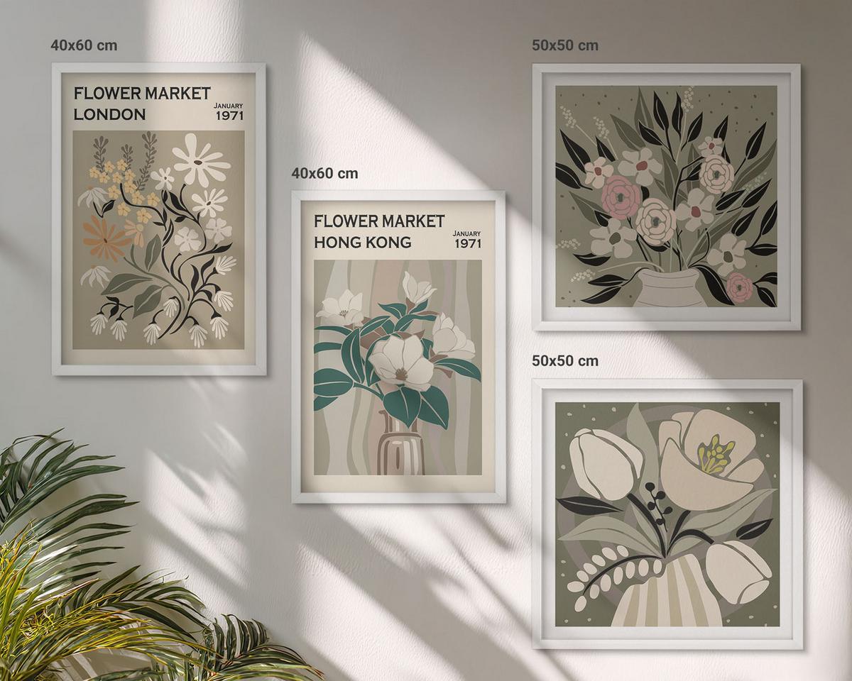 BILDER SET 4er Set - 50x50 cm & 40x60 cm Weißer Rahmen - Blumenillustrationen London Hongkong - Weiß, Kunststoff (50/50cm) - TULUP