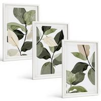 BILDER SET 3er Set - 40x60 cm Weißer Rahmen - Bemalte Boho-Pflanzenblätter - Weiß, Kunststoff (40/60cm) - TULUP
