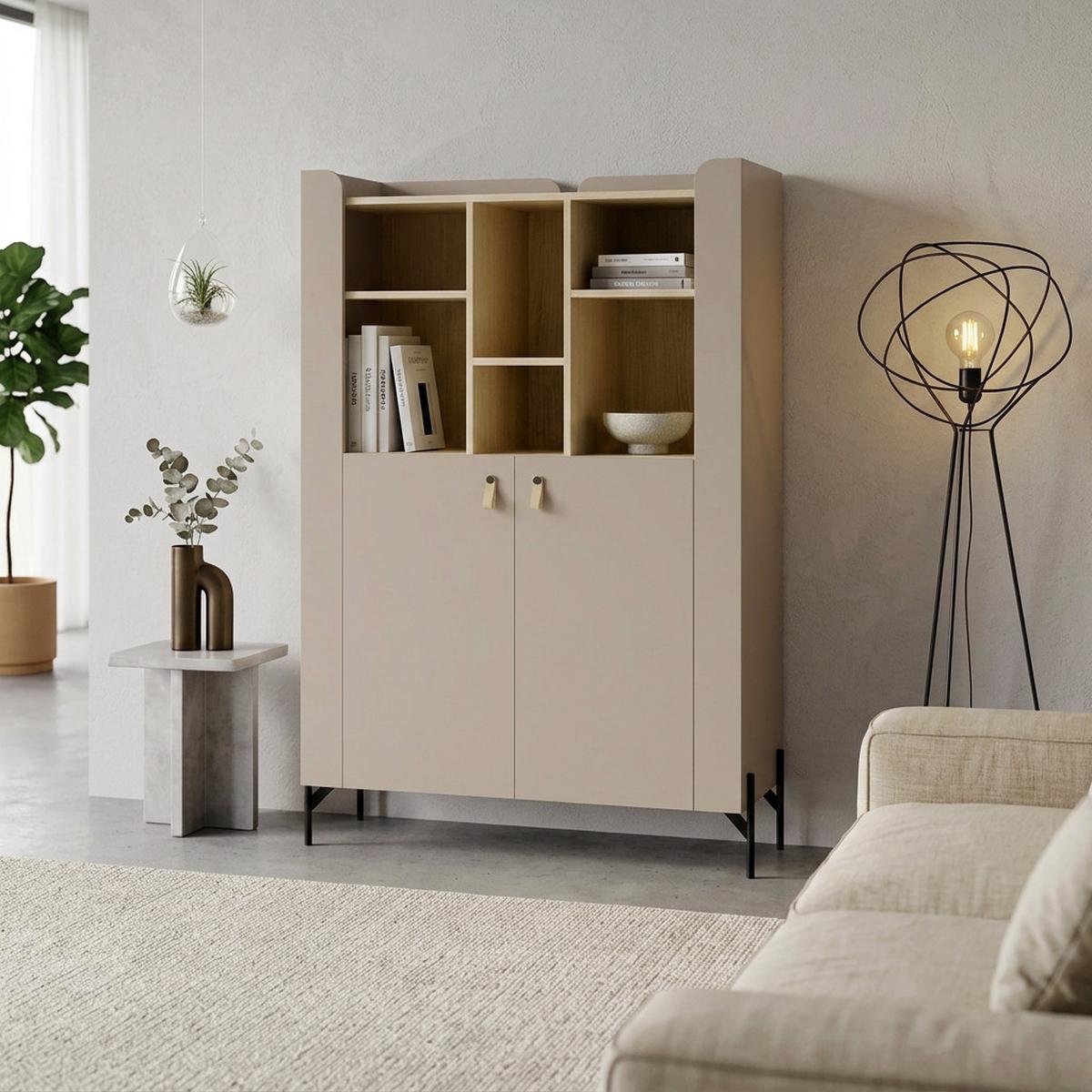 BÜCHERREGAL Sorella mit 2-türig, 3 offenen Regalböden, 100 cm, Porcini + Eiche Mavelie - Eichefarben/Cappuccino, Leder/Holzwerkstoff (100/151/51cm) - Beautysofa