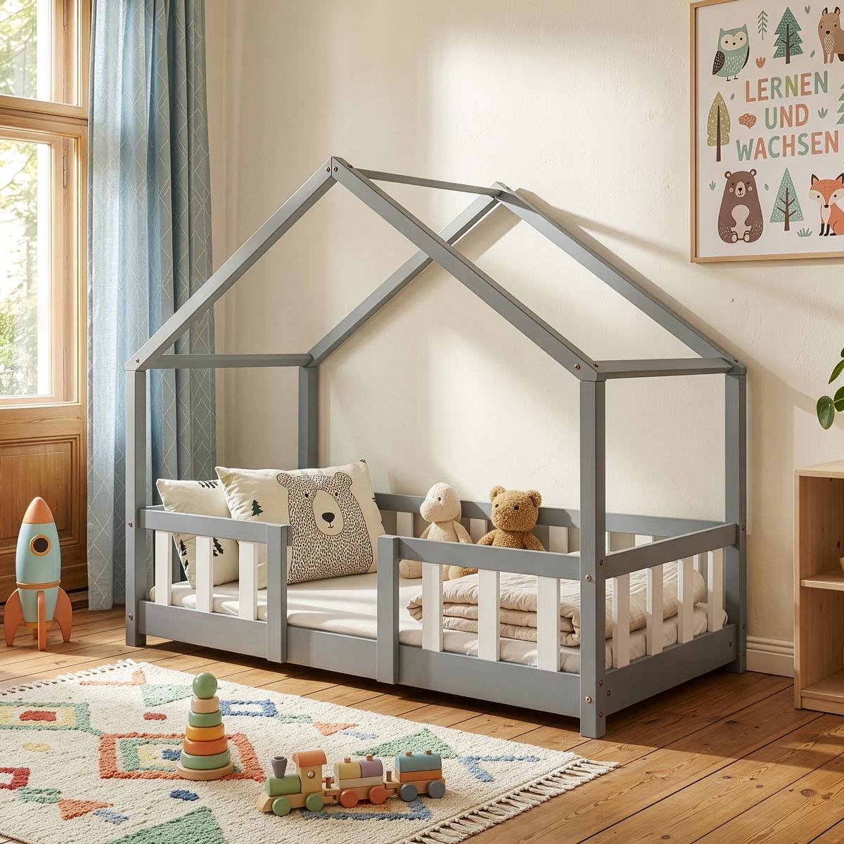HAUSBETT Treviolo - Hellgrau/Weiß, Holz (70/140cm) - [en.casa]
