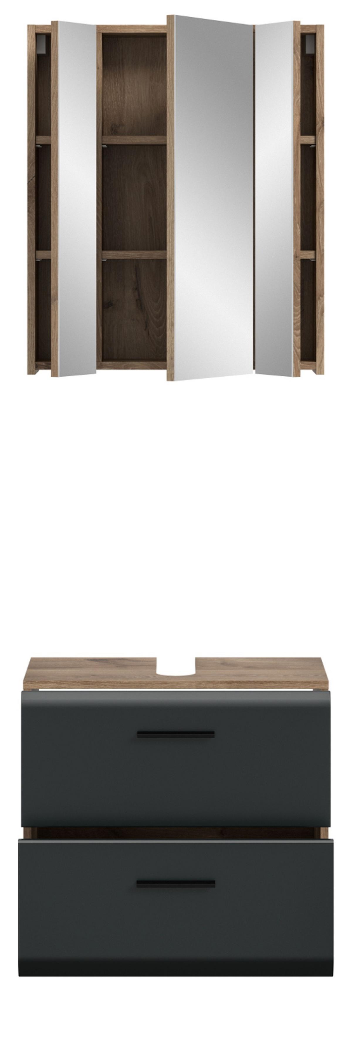 BADMÖBEL-SET 2-teilig Schwarz matt und Eiche, Badkombination mit Spiegelschrank, 60 x 185 cm - Klar/Eichefarben, Glas/Holzwerkstoff (60/185/30cm) - Inn.Furn