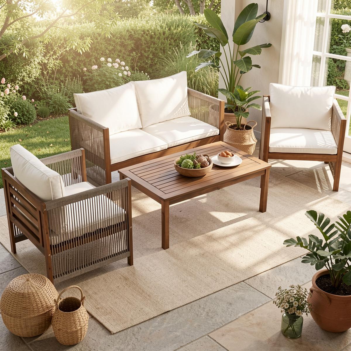 LOUNGEGARNITUR 4-tlg. Akazie & Seil Beige Gartensofa mit Tisch, 2 Sesseln & Kissen - Beige, Textil - Urban Meuble