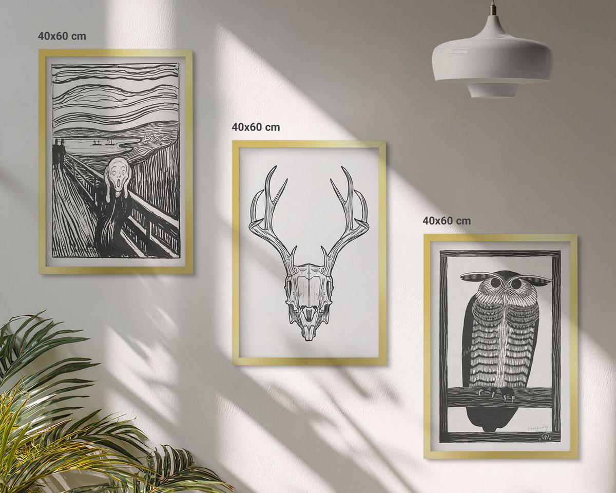 BILDER SET 3er Set - 40x60 cm Goldrahmen - Grafiken mit schreiendem Totenkopf-Eulen - Goldfarben, Kunststoff (40/60cm) - TULUP