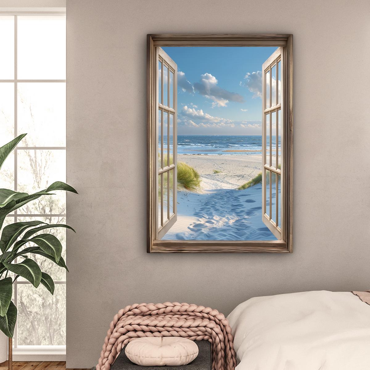 LEINWANDBILD Aussicht - Strand - Fenster - Dünen - Meer Deko XXL 80x120 cm - Hellblau, Textil (80/120cm) - MuchoWow