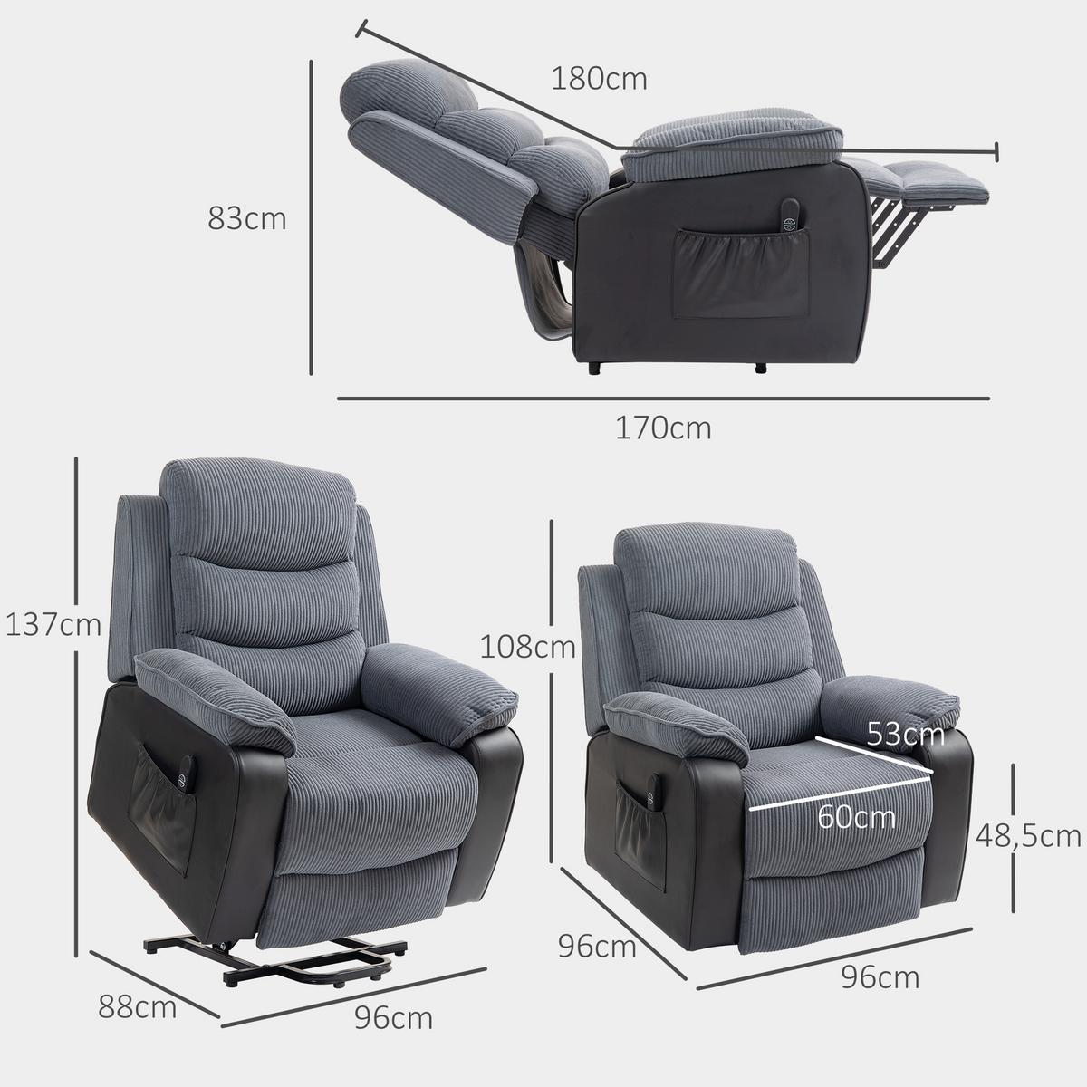 FERNSEHSESSEL mit Aufstehhilfe Liegesessel mit Liegefunktion, Seitentasche - Dunkelgrau/Schwarz, Textil/Metall (96/108/96cm) - HOMCOM