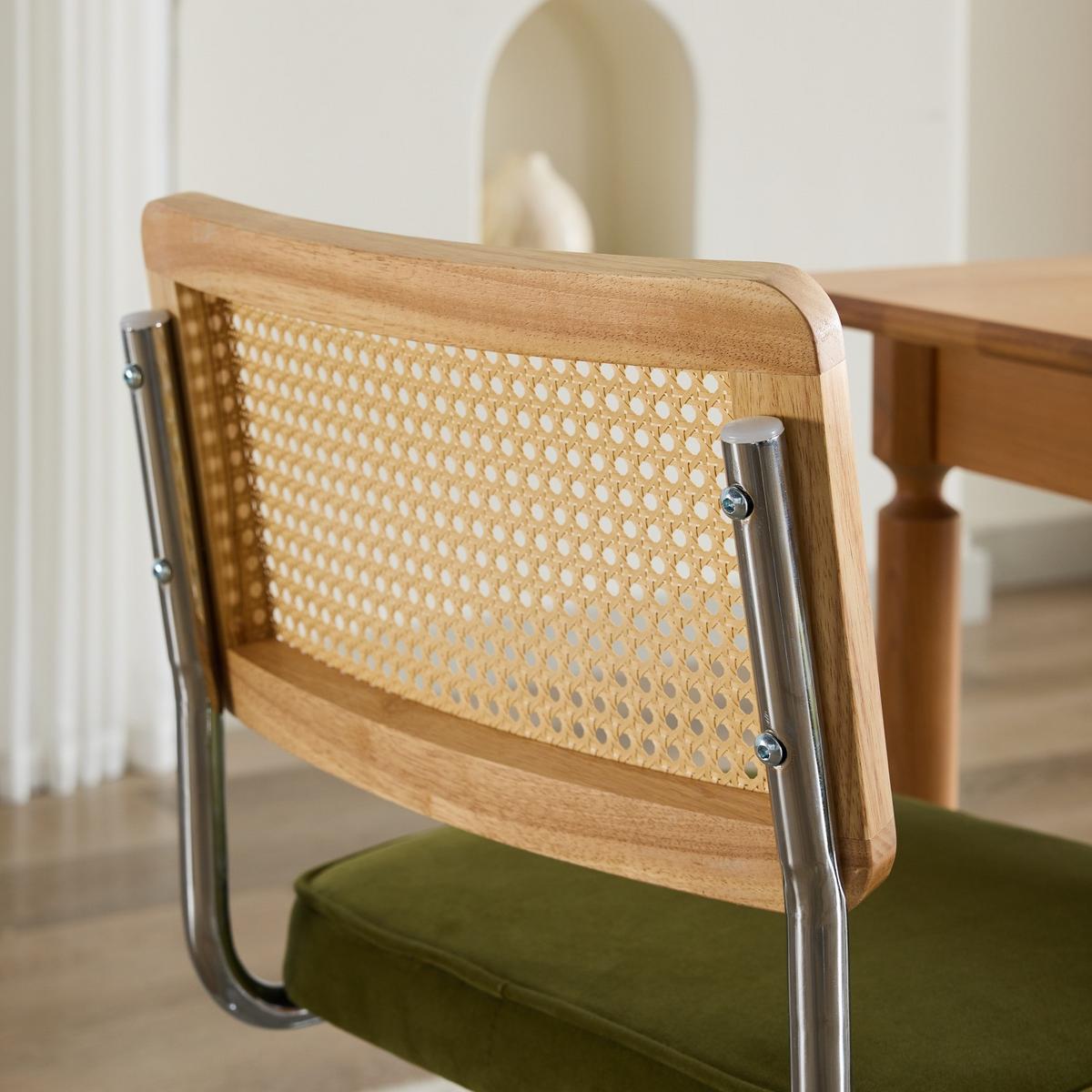 ESSZIMMERSTUHL Set 2er Olivgrün Samt & Rattan Freischwinger mit Chromgestell - Olivgrün, Textil (59/81/47cm) - Urban Meuble