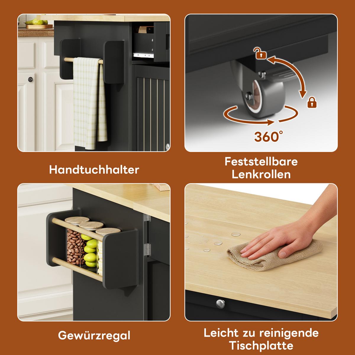 KÜCHENINSEL in schwarz mit holzoptik-platte, klappbarer arbeitsfläche und rollen - Schwarz, Holzwerkstoff (120/92/70cm) - Urban Meuble