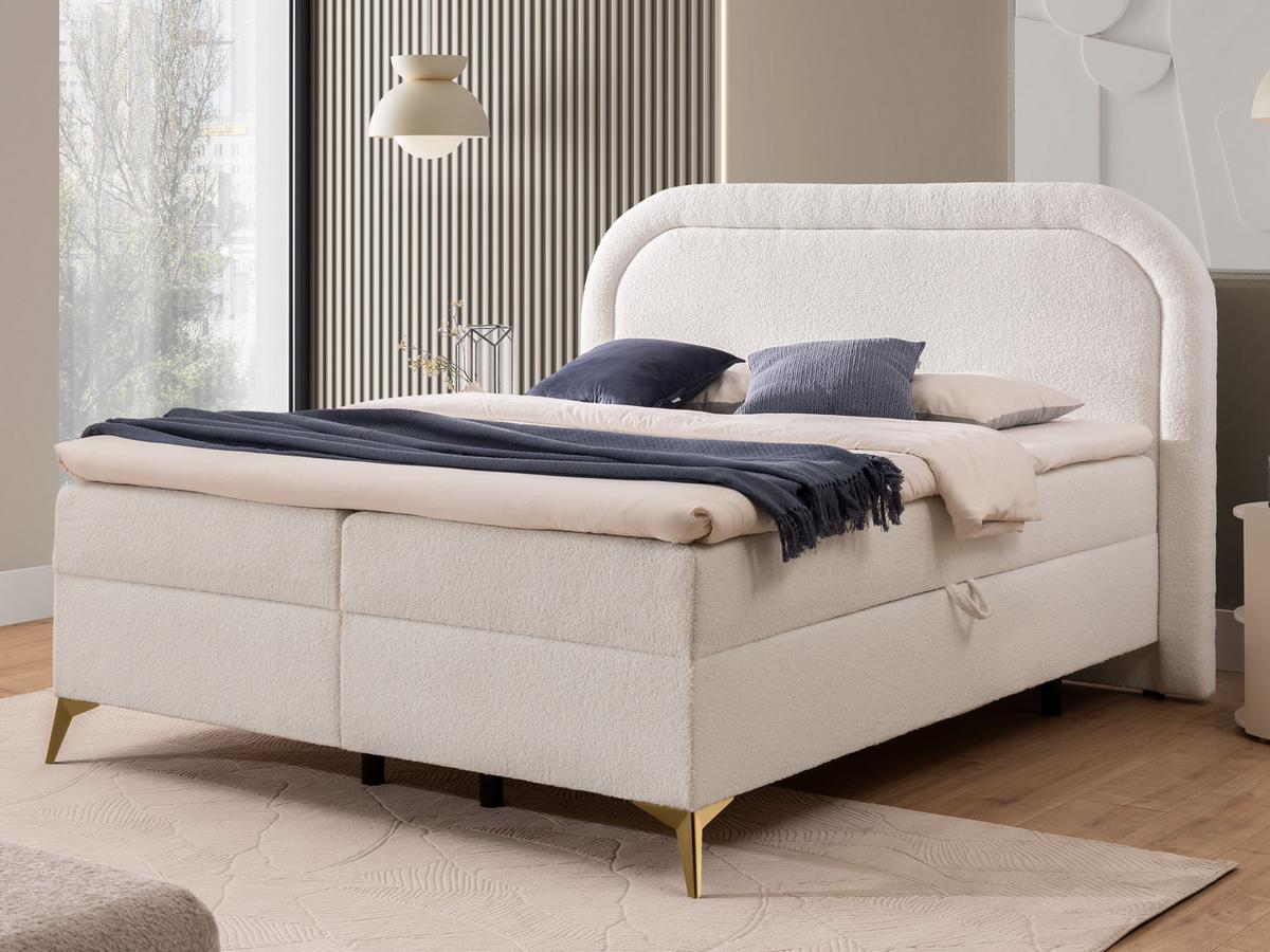 BOXBETT Sonna 200/200 cm Weiß Bouclé-Stoff mit abgerundetem Kopfteil und mit goldenen Metallfüße - Goldfarben/Weiß, Holz/Textil (200/200cm) - S-Style Möbel